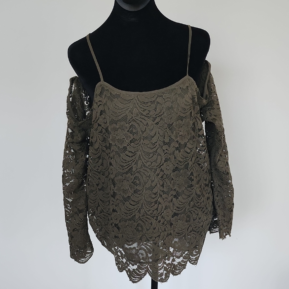 New York & Company Lace Off-Shoulder Blouse in Olive
